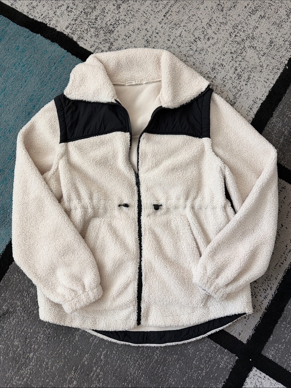 Women's Sherpa Zip Jacket with Contrast Yoke - Cream/Black